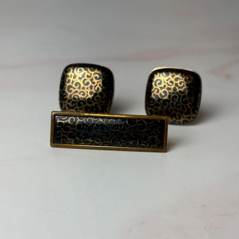Vintage Evans Gold Black Enamel Scroll Cufflinks and Tie Clip‎ Set Mens Formal